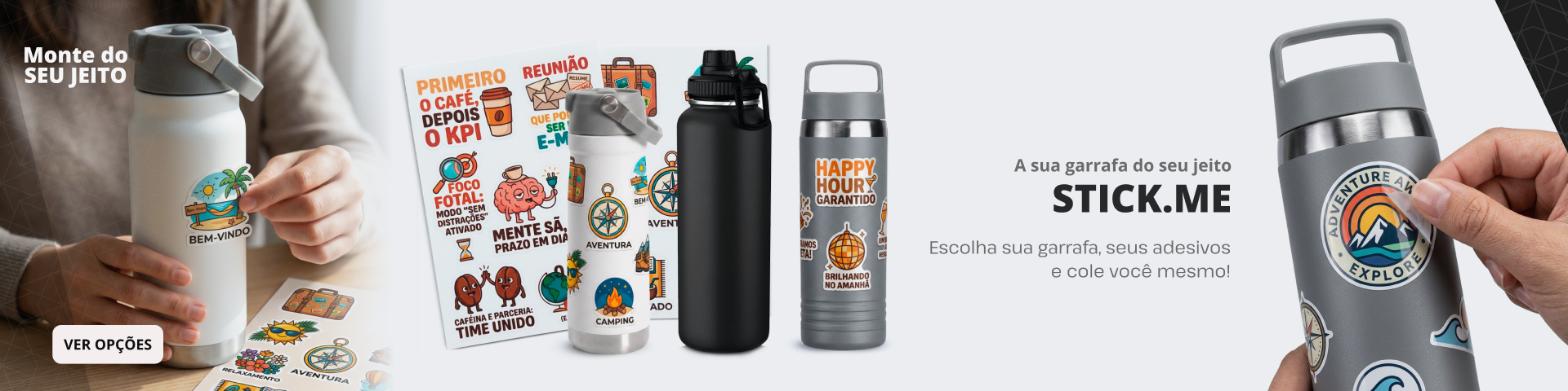 STICK.ME Garrafa Térmica BigBrother 1.2L, a sua garrafa do seu jeito. Seleciona os stickers que deseja para a impressão da sua cartela exclusiva e recebe tudo pronto para você, seu colaborador e cliente aplicarem os adesivos e personalizar a garrafa do seu próprio jeito. Caso não queira esta opção de garrafa, comunique ao nosso vendedor a possibilidade de fazer com outro model do nosso estoque a combinar.